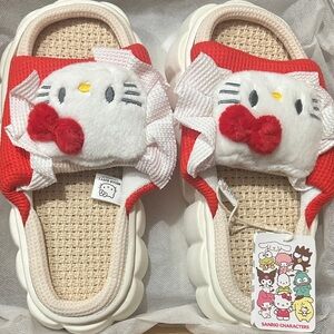 Hello Kitty Kawaii 3D Plush Cloud Platform Slippers - Red Bow Frill Sandals